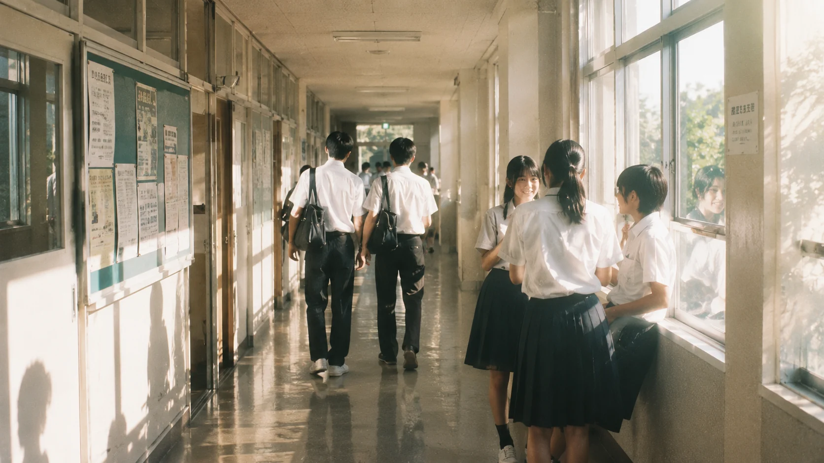 学生们在洒满阳光的走廊交谈