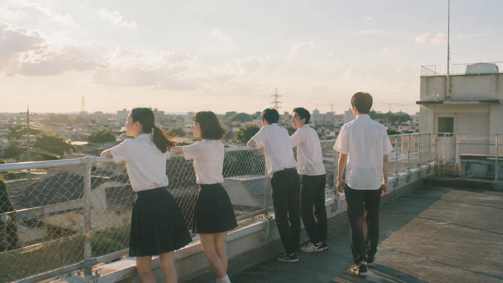 放学后学生们在屋顶眺望城市